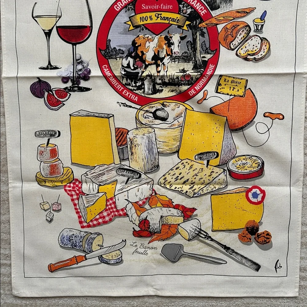 NWOT Torchons & Bouchons Tea Towel Cheese Party 19 x 28.5 inches French